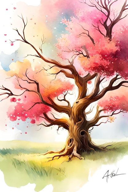 Una pintura de un árbol con un árbol rosa en el medio.