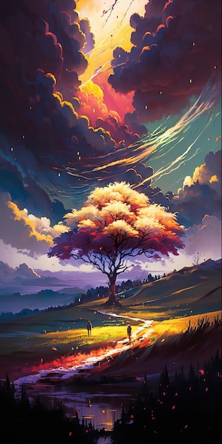 Una pintura de un árbol con un arco iris y el sol brillando a través de él.