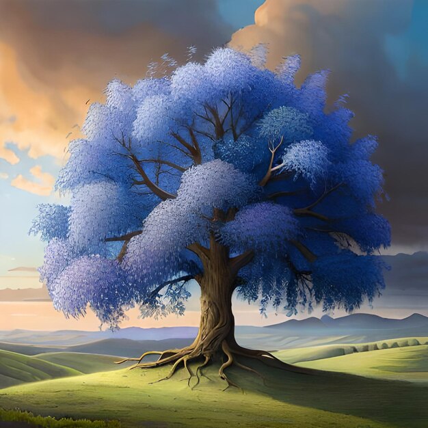 Una pintura de un árbol azul.