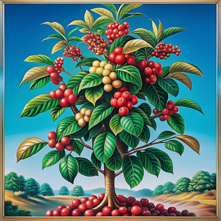 Foto una pintura de un árbol con bayas y la palabra " cerezas "