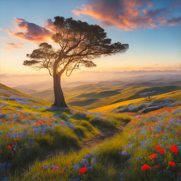 Una pintura de un árbol en un campo de flores con una puesta de sol de fondo.