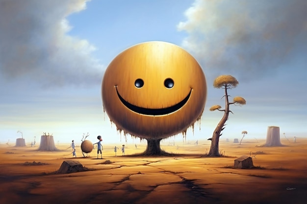Una pintura de un árbol con una cara sonriente y una cara sonriente.