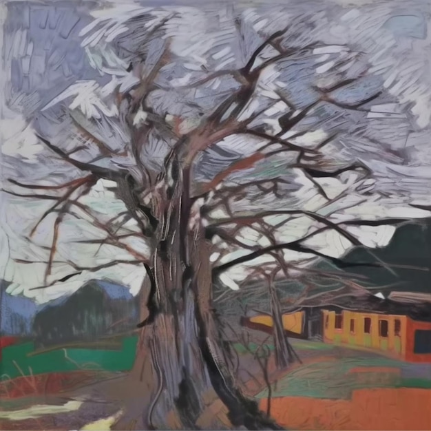 Pintura de un árbol con una casa en el fondo