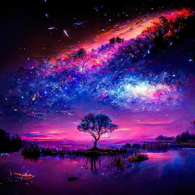 Una pintura de un árbol cerca de un río en el cielo de la galaxia cerca