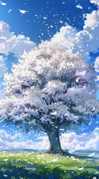 una pintura de un árbol con un cielo azul y las nubes en el fondo