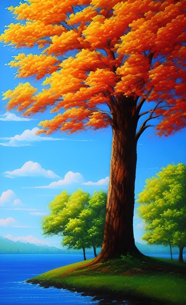 Una pintura de un árbol con un cielo azul y nubes.