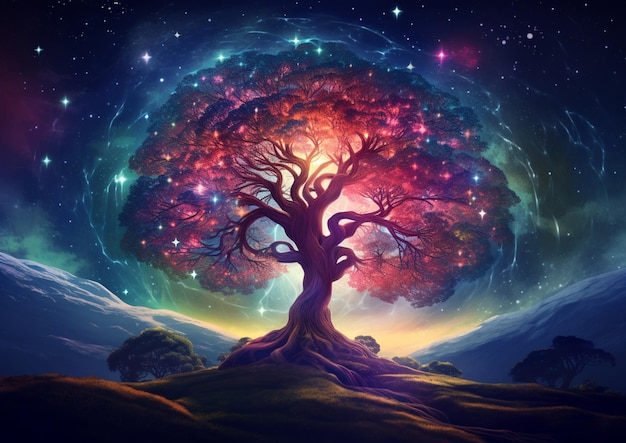 pintura de un árbol con un cielo colorido y estrellas en el fondo generativo ai