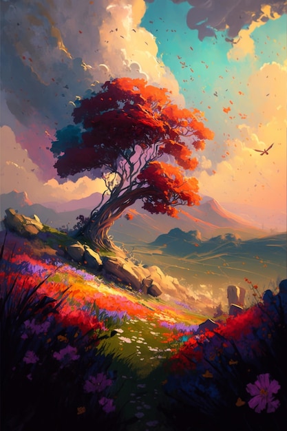 Una pintura de un árbol con un cielo colorido y un pájaro volando en el fondo.