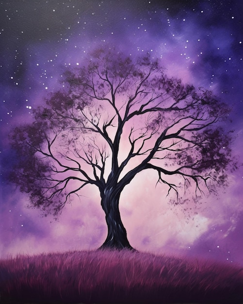 Una pintura de un árbol con el cielo morado y las estrellas al fondo.