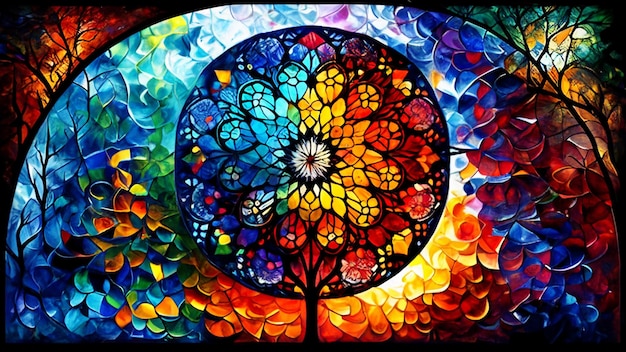Pintura de un árbol con un círculo colorido en el medio generativo ai