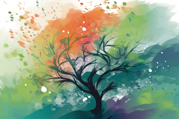 Una pintura de un árbol con los colores del arcoíris.