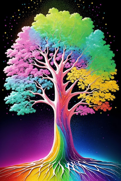 Pintura de un árbol de colores con espacio en el fondo.