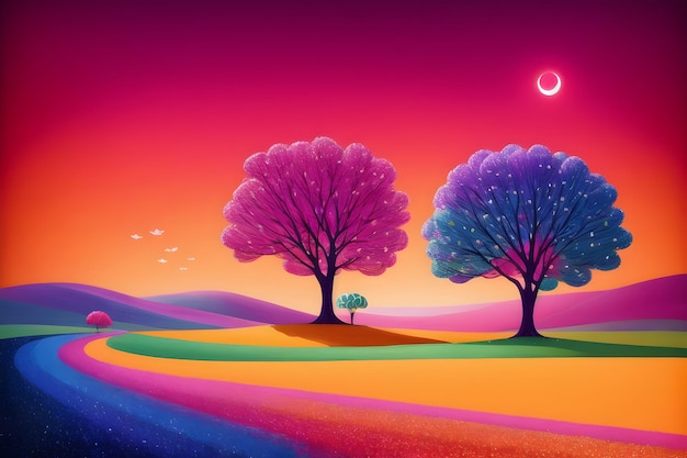 Una pintura de un árbol colorido con luna y estrellas.