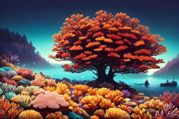 Una pintura de un árbol con un coral rojo y un fondo azul.