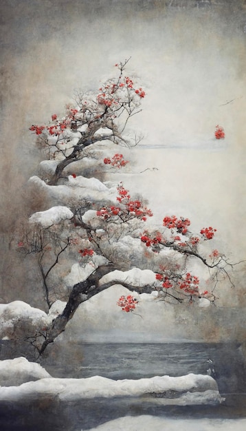 Pintura de un árbol cubierto de nieve ai generativo.