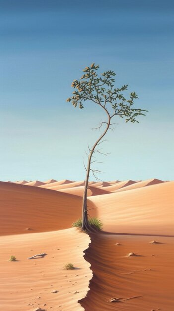 Una pintura de un árbol en el desierto.