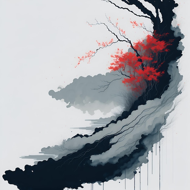 Una pintura de un árbol con una flor roja en él