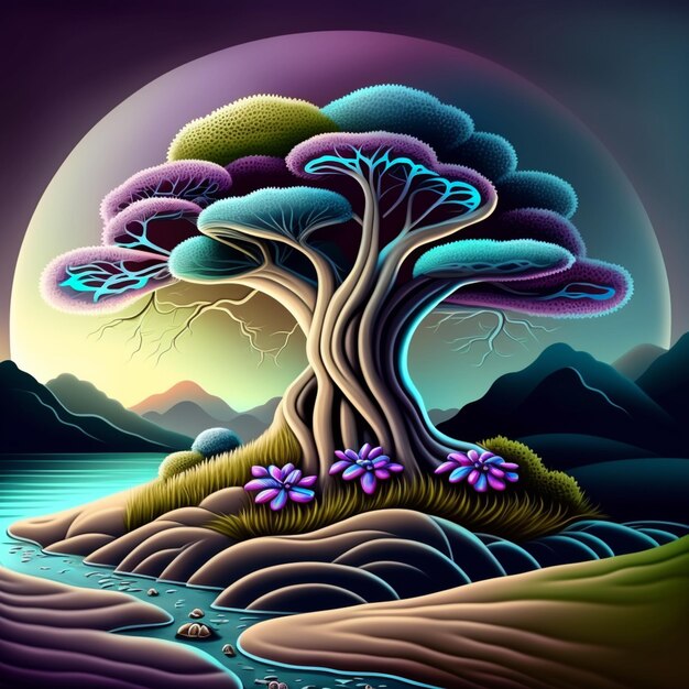 Una pintura de un árbol con flores de color púrpura en una pequeña isla generativa ai