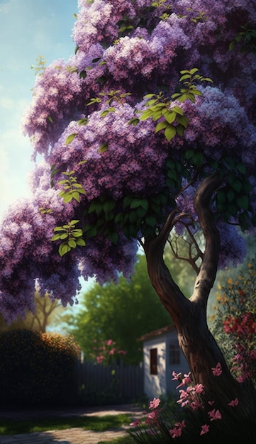 Pintura de un árbol con flores moradas ai generativo.