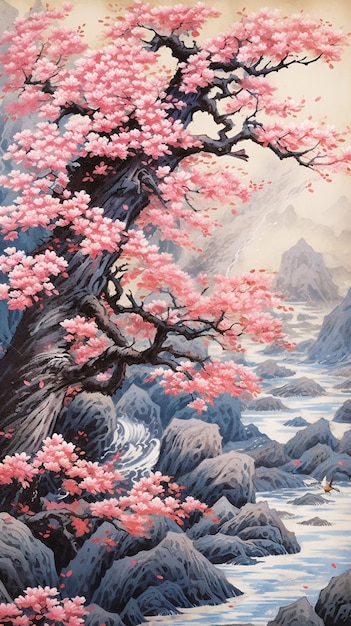 Pintura de un arbol con flores rosadas en una zona rocosa ai generativo