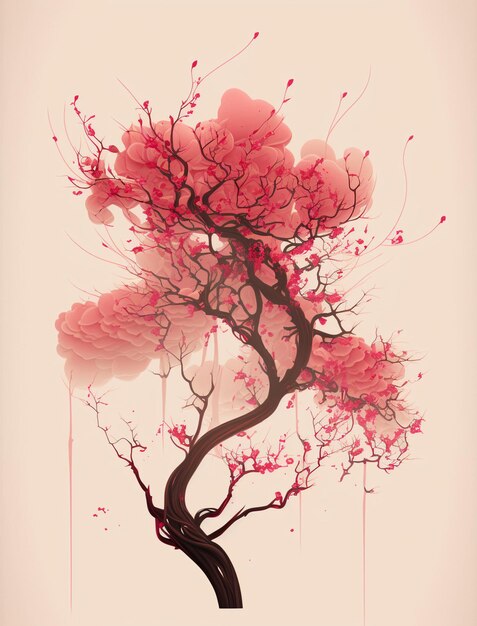 Pintura de un árbol con flores rosas ai generativo.