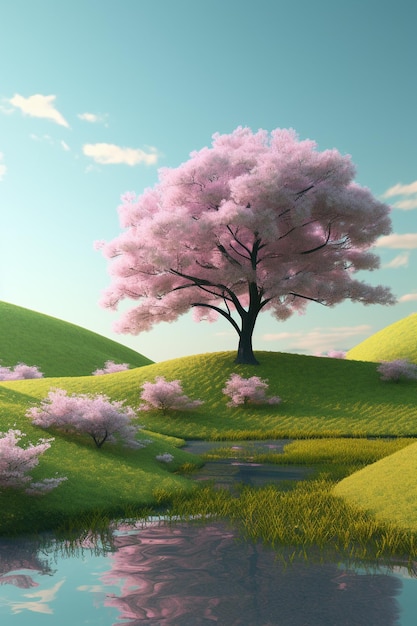 Una pintura de un árbol con flores rosas en el centro.