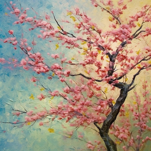 Pintura de un árbol con flores rosas contra un cielo azul ai generativo