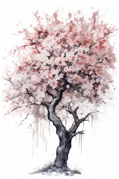 Una pintura de un árbol con flores rosas.