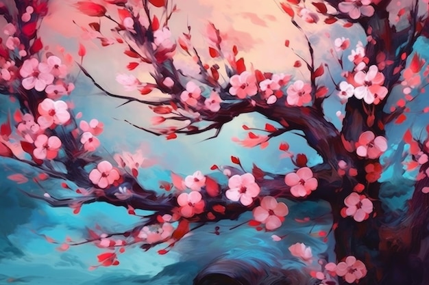 Una pintura de un árbol con flores rosas.