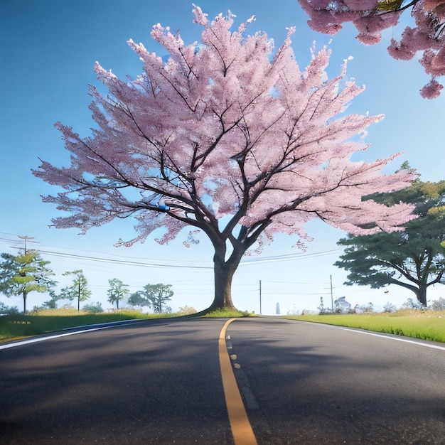 Una pintura de un árbol con flores rosas.