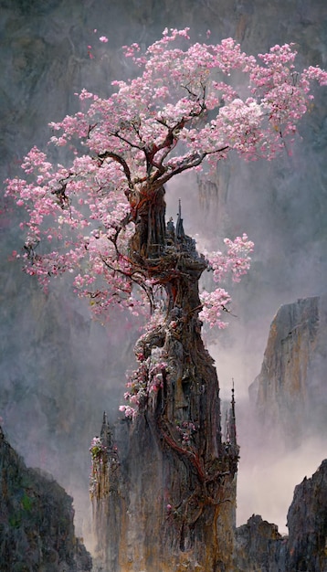 Una pintura de un árbol con flores rosas.