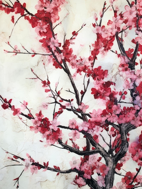 Una pintura de un árbol con flores rosas.