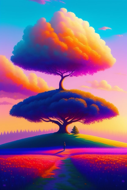 Una pintura de un árbol con un fondo de arcoíris.