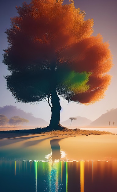 Una pintura de un árbol con un fondo de cielo y la palabra árbol en él.