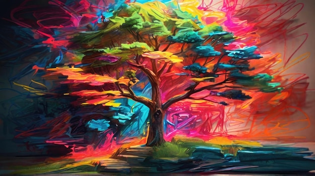 una pintura de un árbol con un fondo colorido