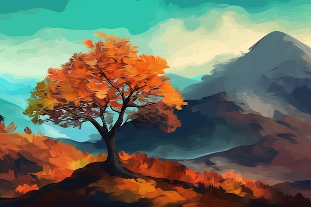 Una pintura de un árbol con un fondo de montaña.