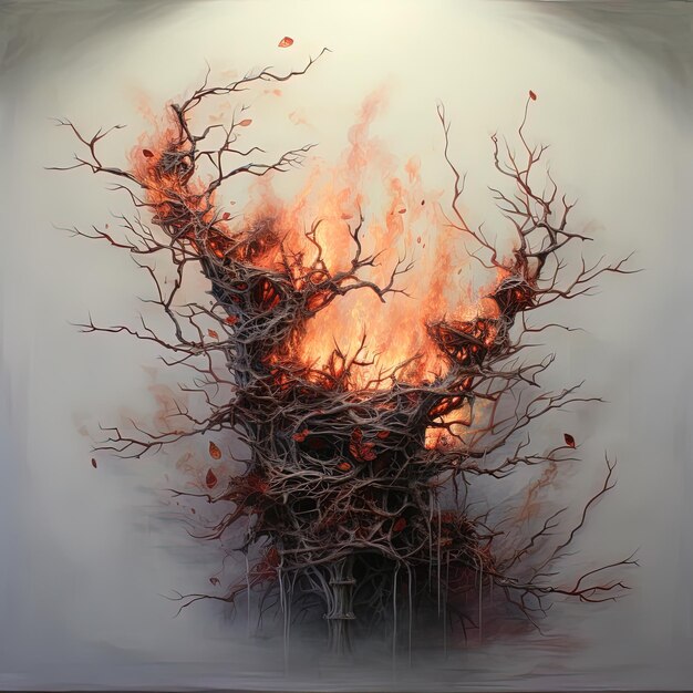 una pintura de un árbol con fuego en él