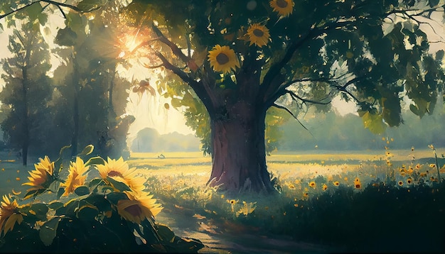 Una pintura de un árbol con girasoles en él