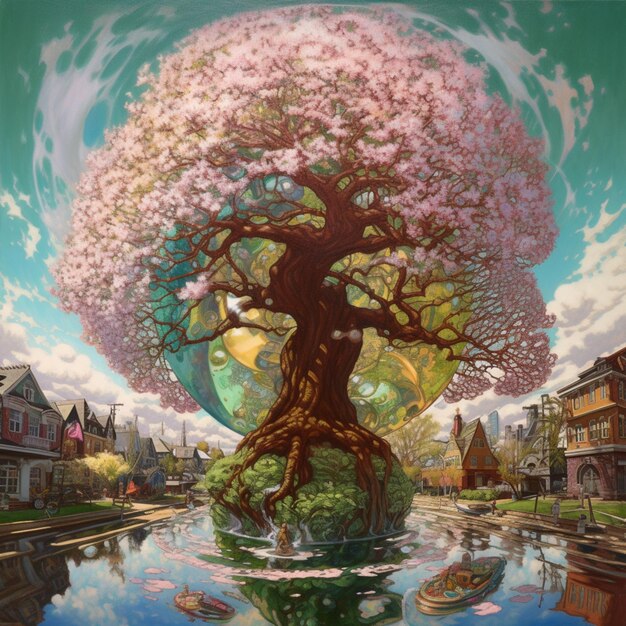 Una pintura de un árbol con un globo terráqueo.