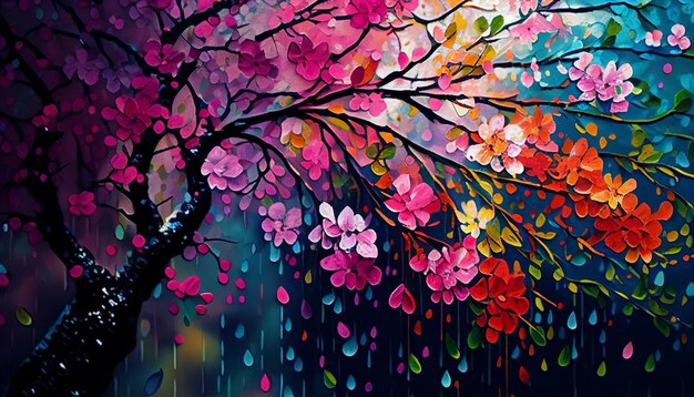 Una pintura de un árbol con gotas de lluvia sobre él.