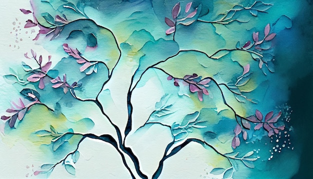 Una pintura de un árbol con hojas azules y verdes.