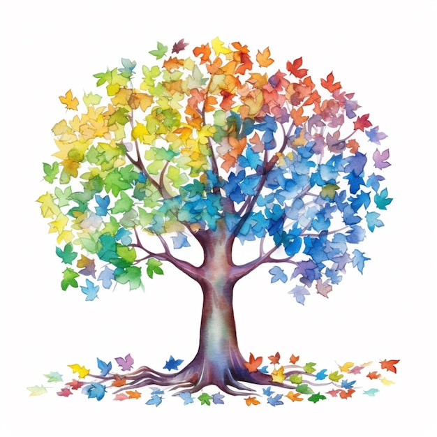 Foto una pintura de un árbol con hojas de colores arco iris en él generativo ai
