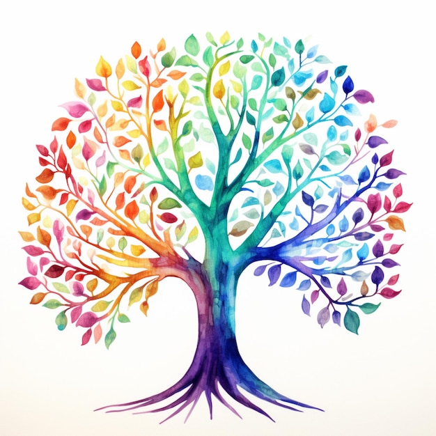 Foto una pintura de un árbol con hojas de colores arco iris generativo ai