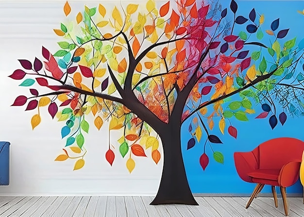 Una pintura de un árbol con hojas de colores