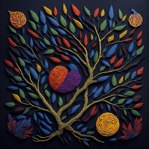 Una pintura de un árbol con hojas y flores.