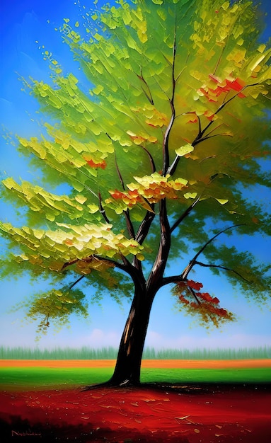 Una pintura de un árbol con hojas de otoño.