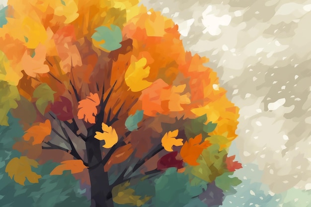 Una pintura de un árbol con hojas de otoño.