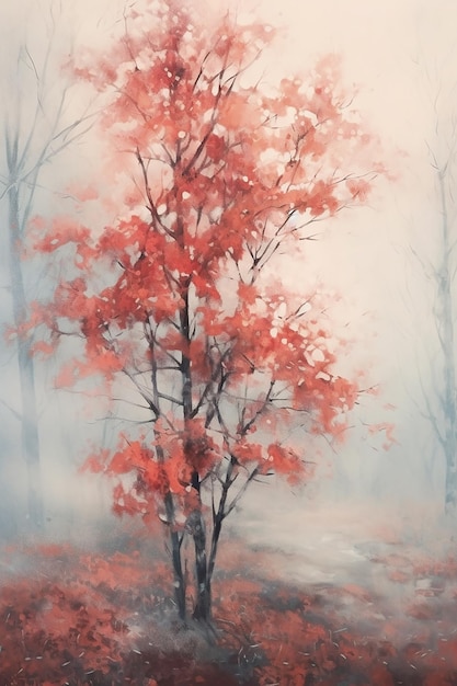 Una pintura de un árbol con hojas rojas en la niebla.