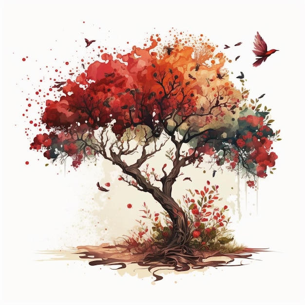 pintura de un árbol con hojas rojas y un pájaro volando por ai generativa