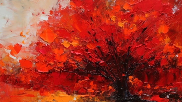 Una pintura de un árbol con hojas rojas.